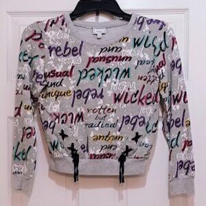 Disney D-Signed Girls gray crop top sweatshirt size 10/12 w/purple, teal, yellow